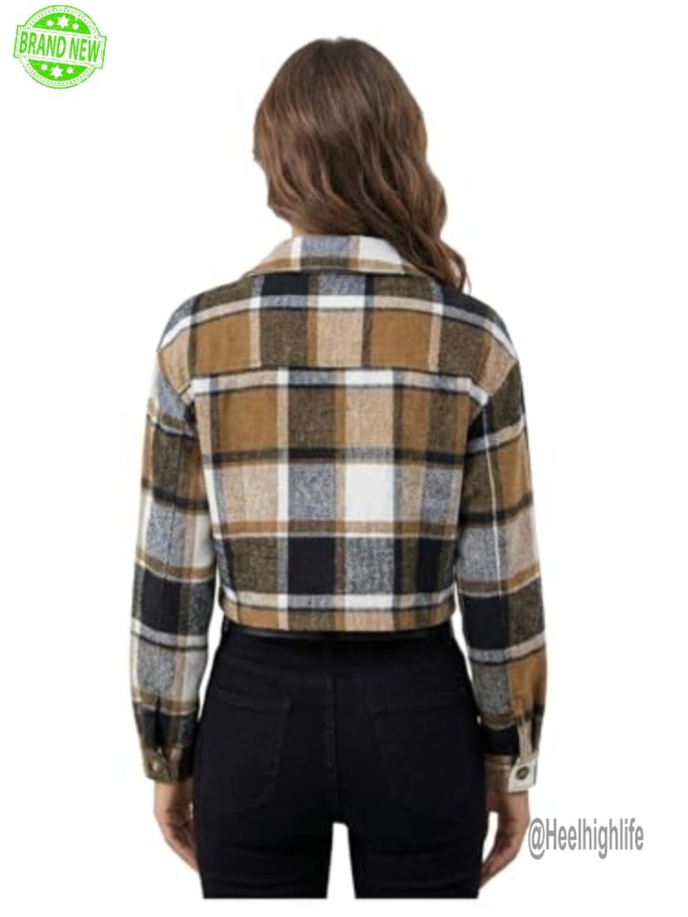 Plaid Flannel Crop Button Down Shacket Long Sleeve Blouse - Picture 2 of 4